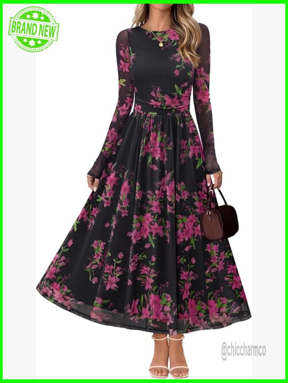 Long Sleeve Floral Maxi Dress Crewneck Cocktail Wedding Guest